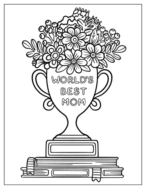 Ein Pokal für die weltbeste Mama ist bis obenhin mit Blumen gefüllt.