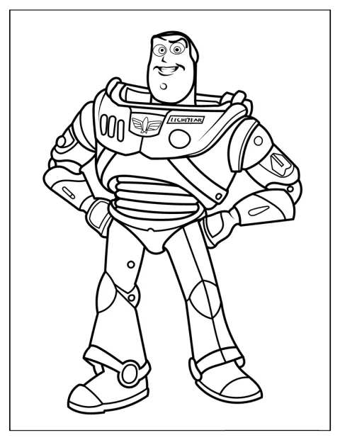 Buzz l’Éclair se tient dans son armure spatiale.