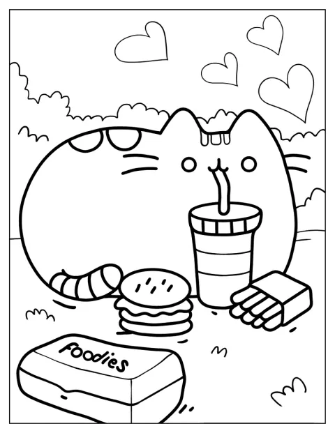 Pusheen jóízűen hamburgert és sült krumplit eszik.