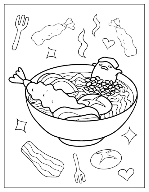 海鮮が入ったラーメンの中で、ぐでたまが湯につかっています。