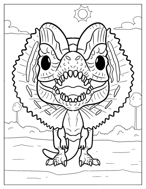 Un pequeño Dilophosaurus aparece dibujado con un estilo adorable.