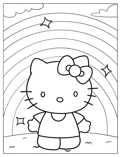 Hello Kitty sorride davanti a un arcobaleno.