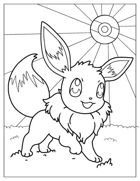 Eevee sta in piedi sotto una grande Poké Ball.
