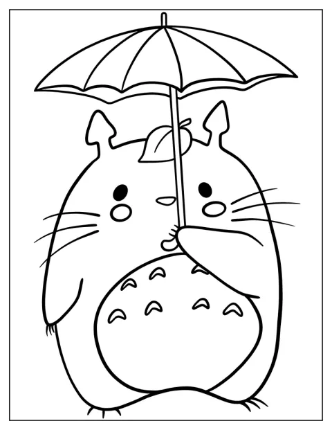 Totoro holder et stort blad over hodet utendørs.