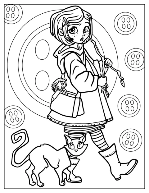 Coraline caminha ao lado do gato e leva uma boneca.