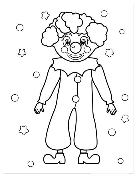 En glad clown ler med ett glatt ansiktsuttryck.
