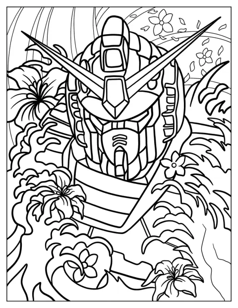 Un Gundam aparece rodeado de llamas y flores.