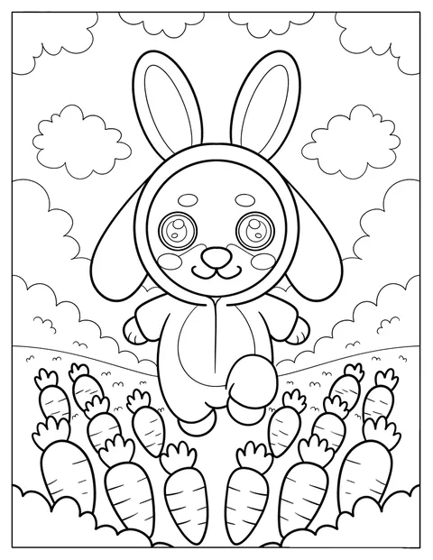 Dachshund in Bunny Costume Hopping Through Carrot Field with Clouds Coloring Page for Kids