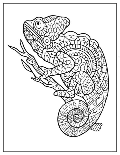 Um camaleão com padrões de mandala pousa num ramo de árvore.
