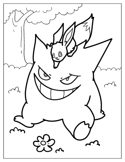 Das kleine Evoli spielt mit Gengar.