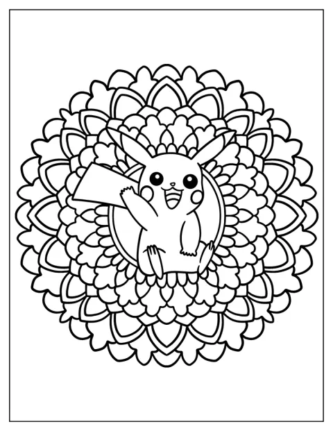 Pikachu sitzt in der Mitte eines Mandalas mit dekorativen Mustern.
