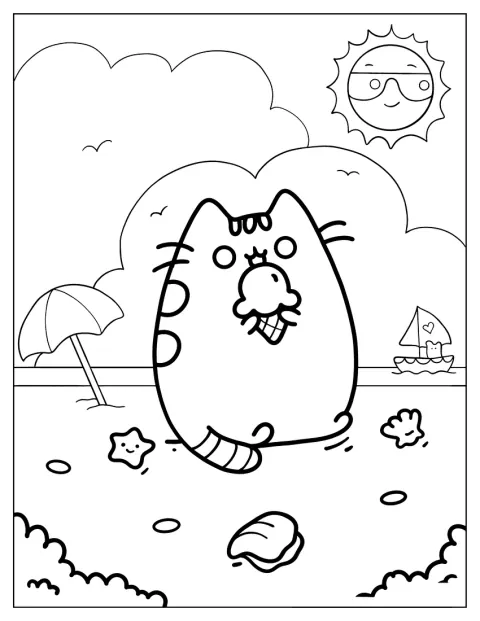 Pusheen verbringt einen Sommertag am Strand.
