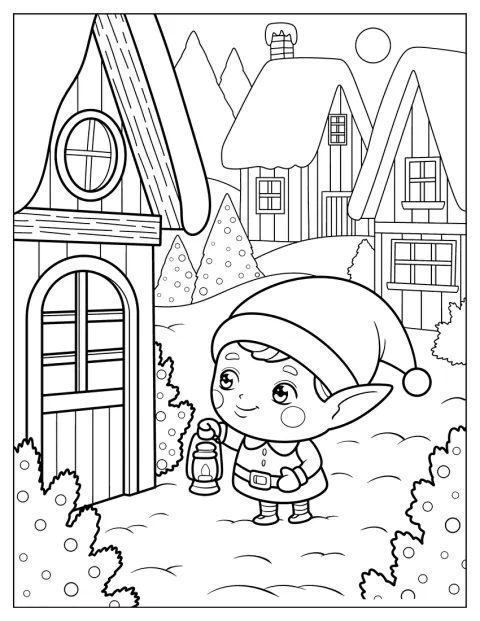 Um duende com uma lanterna passeia por uma aldeia natalícia coberta de neve.