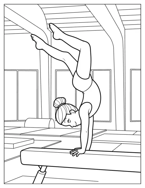O gimnastă se concentrează în timp ce stă în mâini pe bârnă, în sala de antrenament.