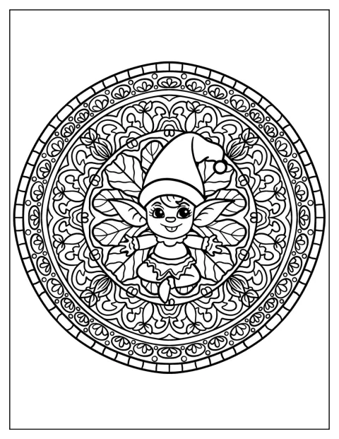Un lutin prend place au centre d’un mandala aux motifs de Noël.