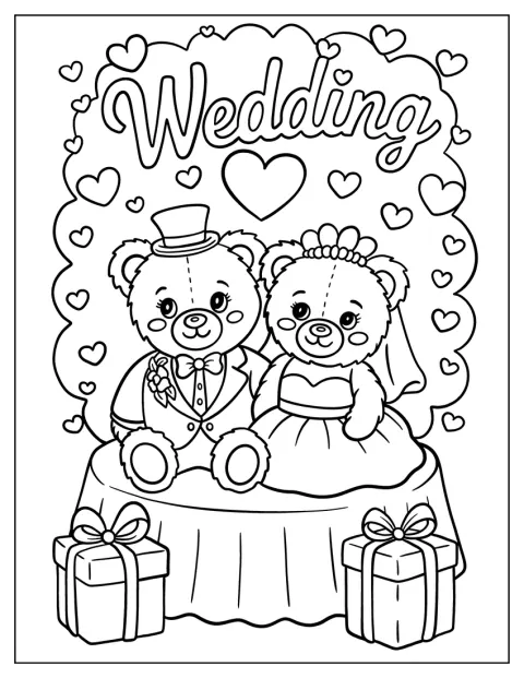Dos ositos vestidos de novios están sentados a la mesa de boda.