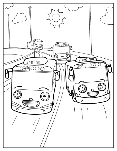 Tayo viaggia in autostrada insieme a Lani, Rogi e Gani.