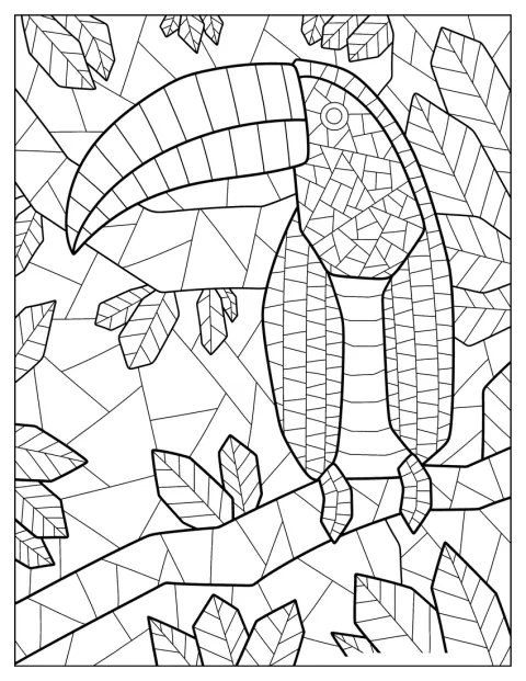 Un tucan stă în pădure, într-o ilustrație din mozaic.