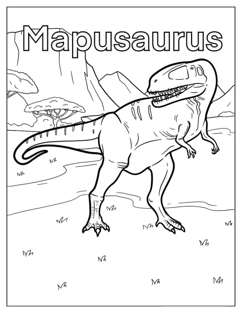 Dinosaur Coloring Page Of Mapusaurus In Mountain Landscape