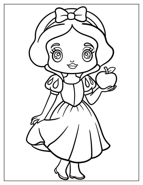 Branca de Neve, desenhada em estilo chibi, segura uma maçã.