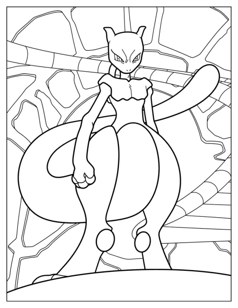 Mewtwo posa con le braccia distese e la coda ricurva.