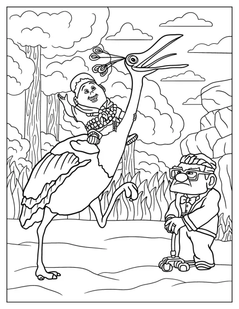 Russel cavalca Kevin, il grande uccello, mentre Carl osserva.