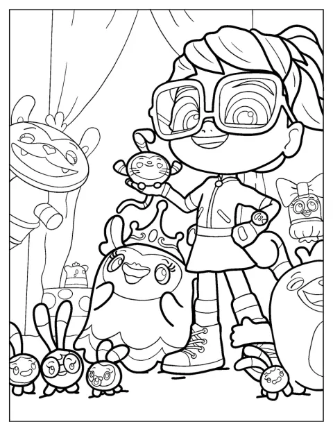 Abby Hatcher est entourée de Bozzly, Mo, Bo, des Squeaky Peepers, d’Otis, de Princess Flug et de Harriet Bouffant.