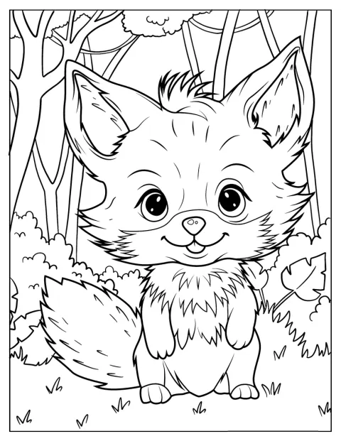 Un petit renard représenté dans un style chibi regarde devant lui.