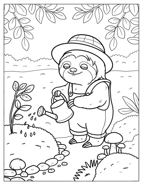 ナマケモノが庭でじょうろを使い、植物に水をあげています。