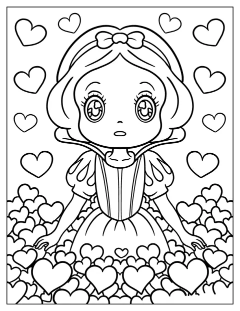 Blancanieves posa con dulzura entre corazones.