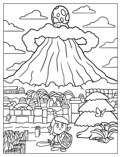 En liten chibi-version av Link står vid foten av Mount Tamaranch.