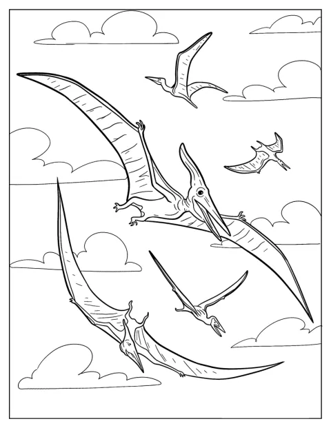 Cztery dorosłe pterodaktyle szybują razem po niebie.
