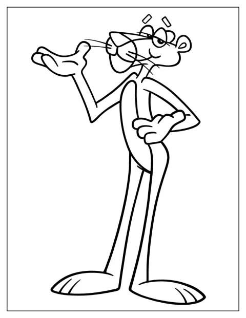 Der rosarote Panther steht als schlanke Cartoonfigur da.