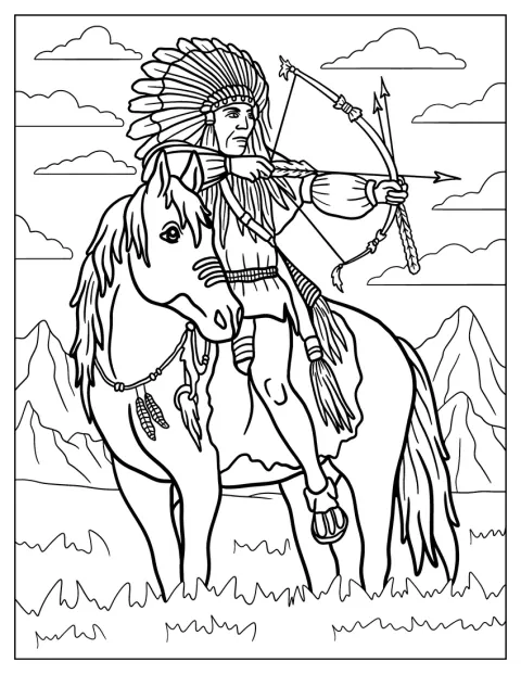 Während er reitet, schießt ein indigener Häuptling einen Pfeil ab.