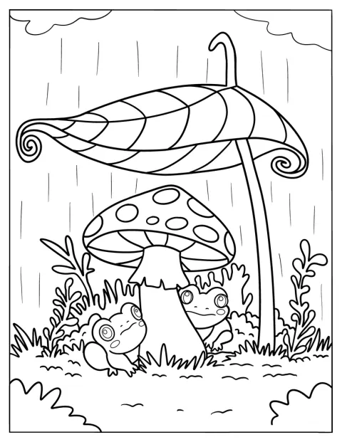 Frogs Sheltering Under A Mushroom Coloring Page