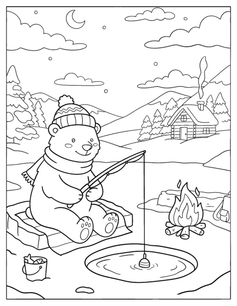 Ein Eisbär angelt neben einer Hütte auf dem Eis.