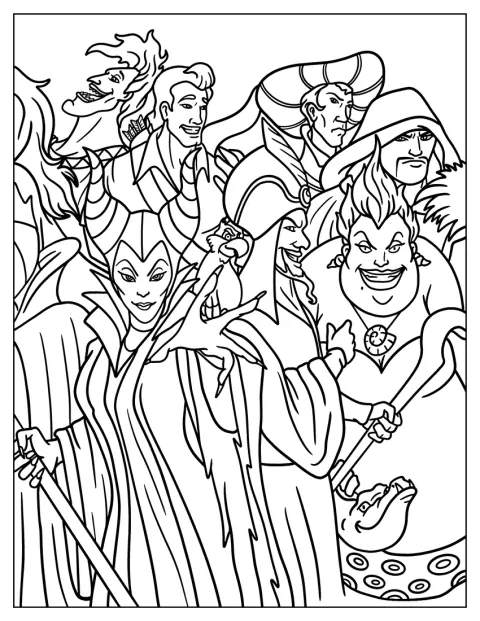 Maleficent, Ursula, Gaston, Hades, Claude e Shan Yu aparecem lado a lado.