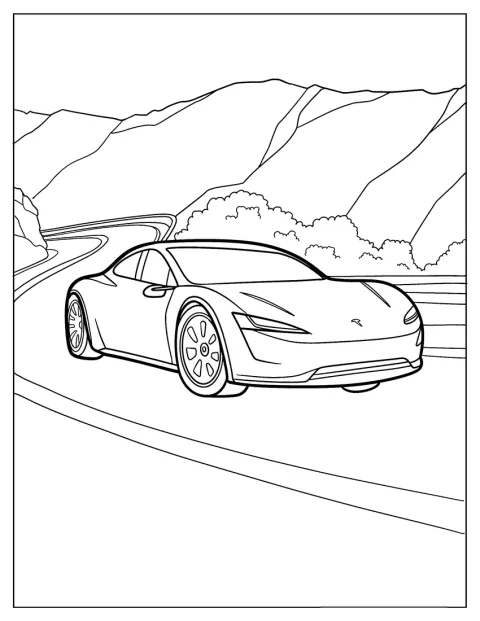 Un Tesla Roadster est garé devant un paysage montagneux.
