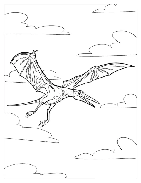 Um pterodáctilo pequeno atravessa o céu em voo.