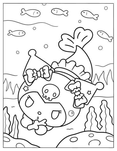 Mermaid Coloring Page Kuromi Collecting Corals Underwater