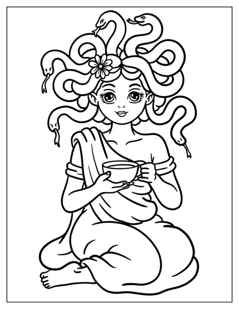 Medusa bebe chá calmamente, com serpentes no cabelo e uma coroa de flores.