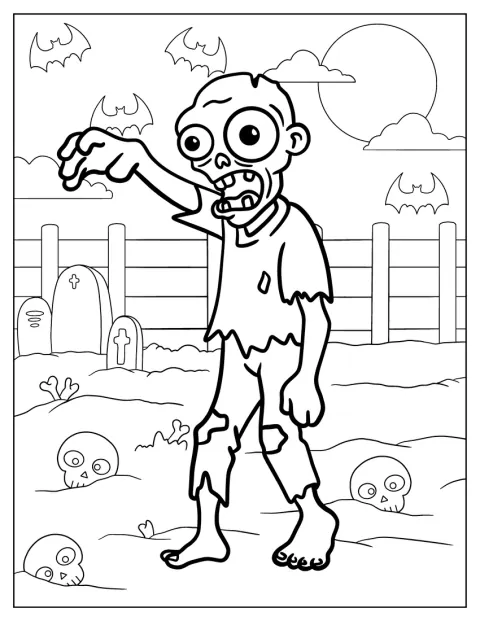 Uno zombie cammina in un cimitero disseminato di teschi.