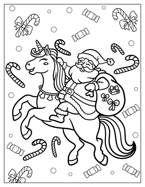 Santa reitet auf einem Einhorn und trägt einen Sack voller Geschenke.