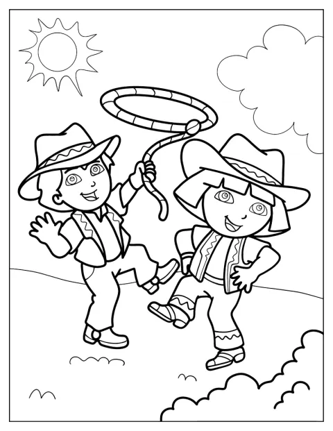 Dora y Diego posan vestidos de vaquera y vaquero.