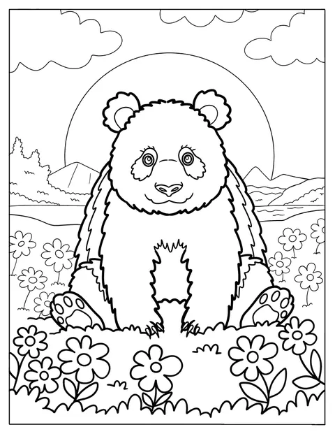 Un panda se sienta entre flores mientras amanece al fondo.
