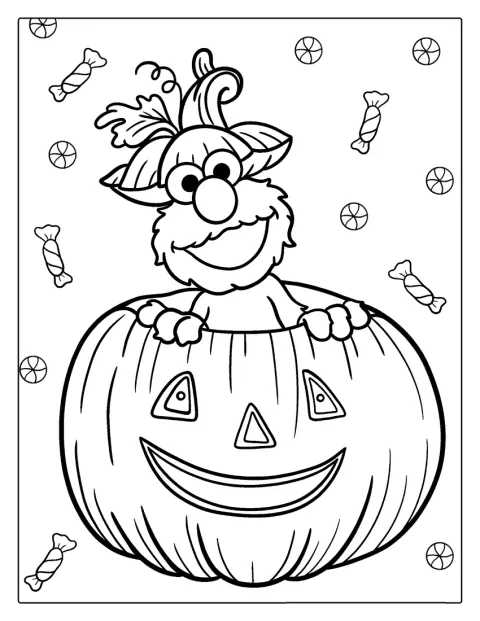 Elmo poartă un costum de Halloween, înconjurat de decorațiuni înfricoșătoare.
