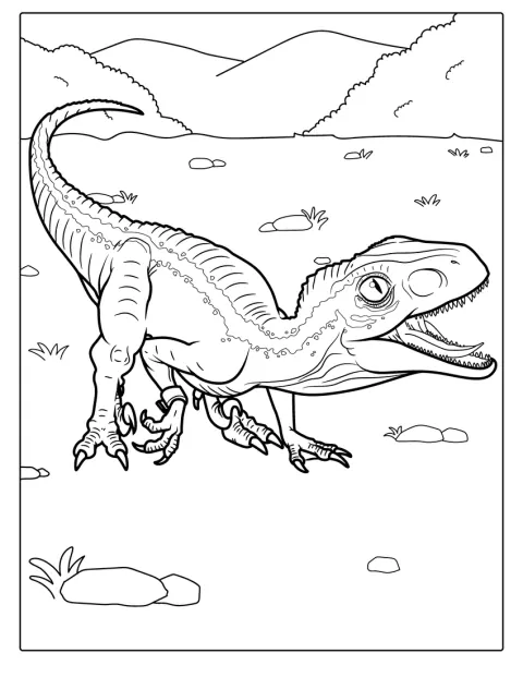 Un Velociraptor realist stă la pândă, cu ghearele pregătite.