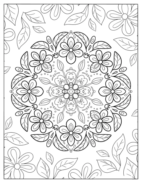 Blader og blomster danner en rund mandala.