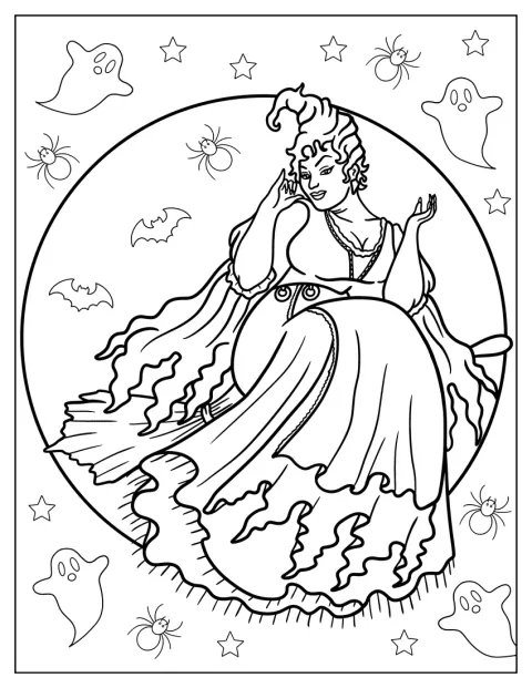 Mary Sanderson suser gjennom nattehimmelen på sopelimen sin foran fullmånen.