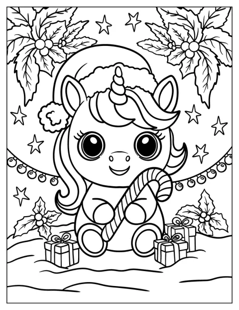 Une licorne de Noël enlace un grand sucre d’orge.
